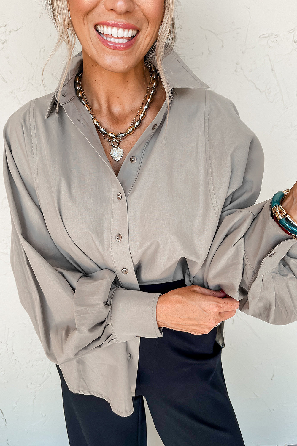 High Solid Colour Balloon Sleeve Side Slits Loose Fit Shirt eAura
