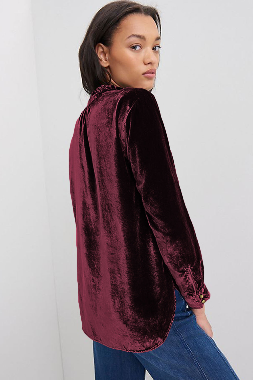 Burgundy Frilled Neck Buttoned Front Velvet Top eAura
