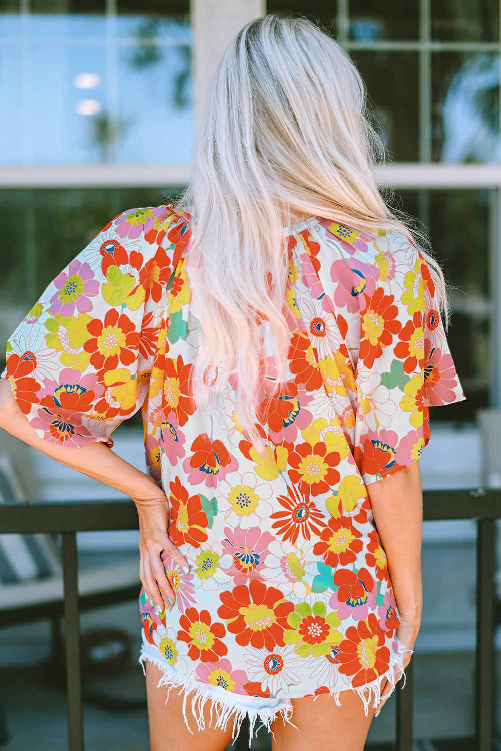 MultiColour Floral Print V Neck Half Sleeve Blouse eAura