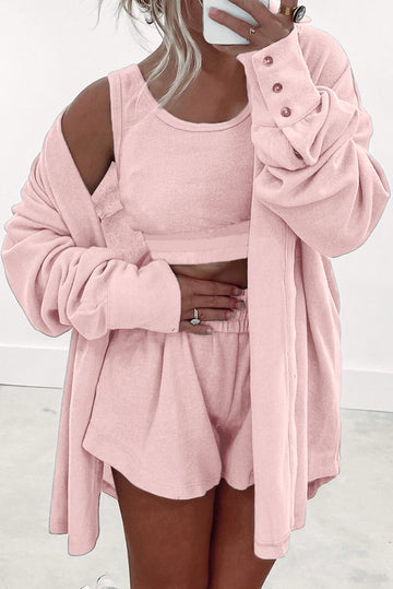 Light Pink 3 Pcs Crop Tank Top Shorts with Cardigan Lounge Set eAura