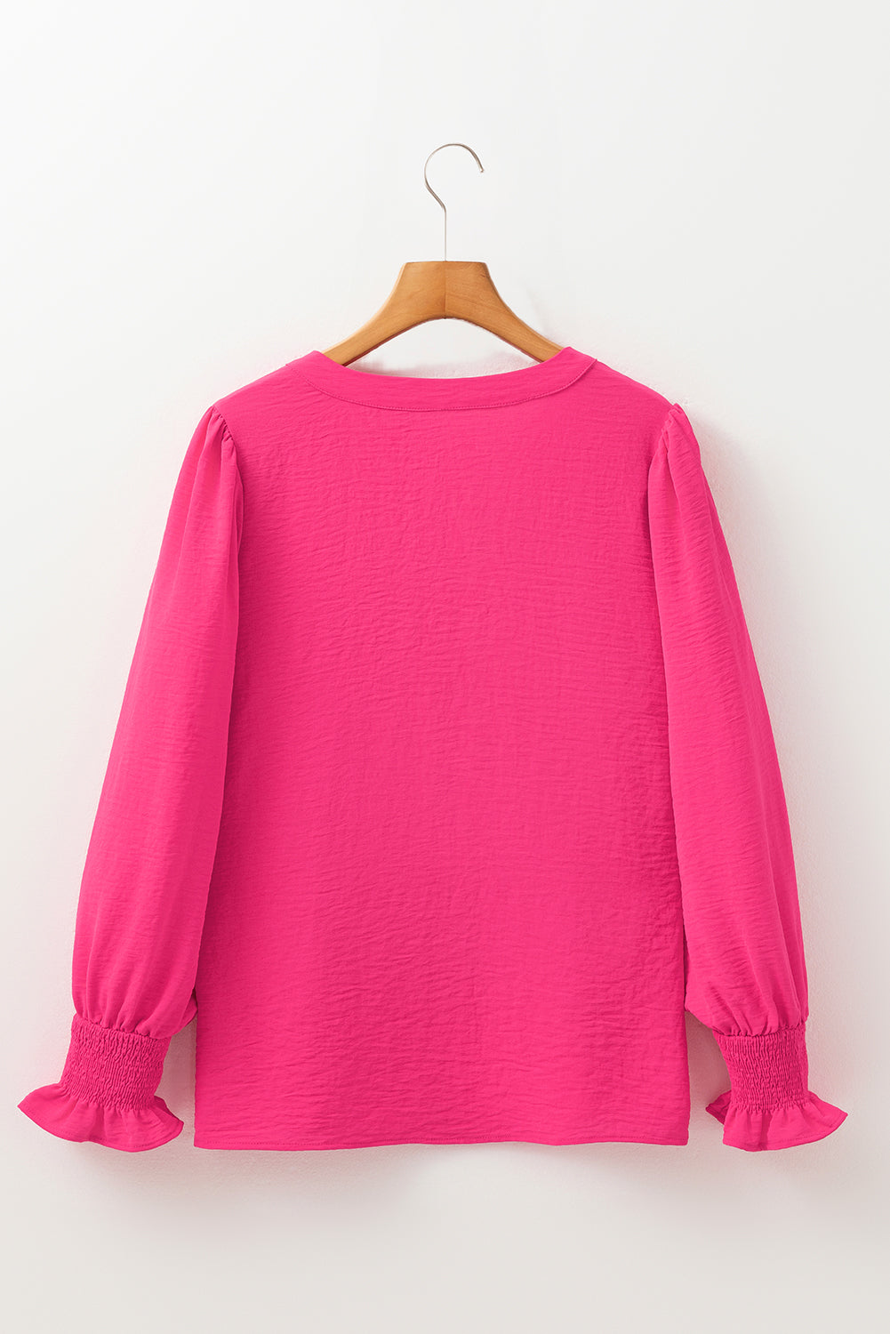 Rose Red Solid Colour Shirred Cuff Notch V Neck Blouse eAura