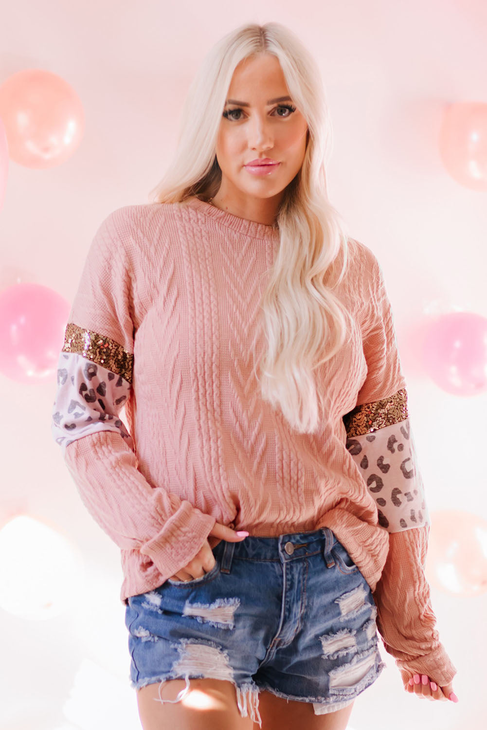 Pink Leopard Sequin Splicing Sleeves Textured Knit Top eAura