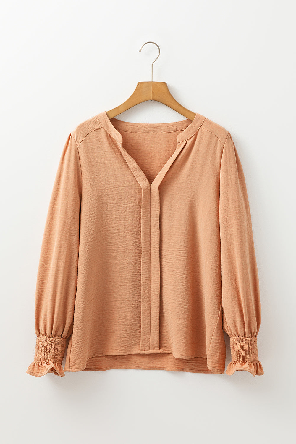 Straw Yellow Solid Colour Shirred Cuff Notch V Neck Blouse eAura