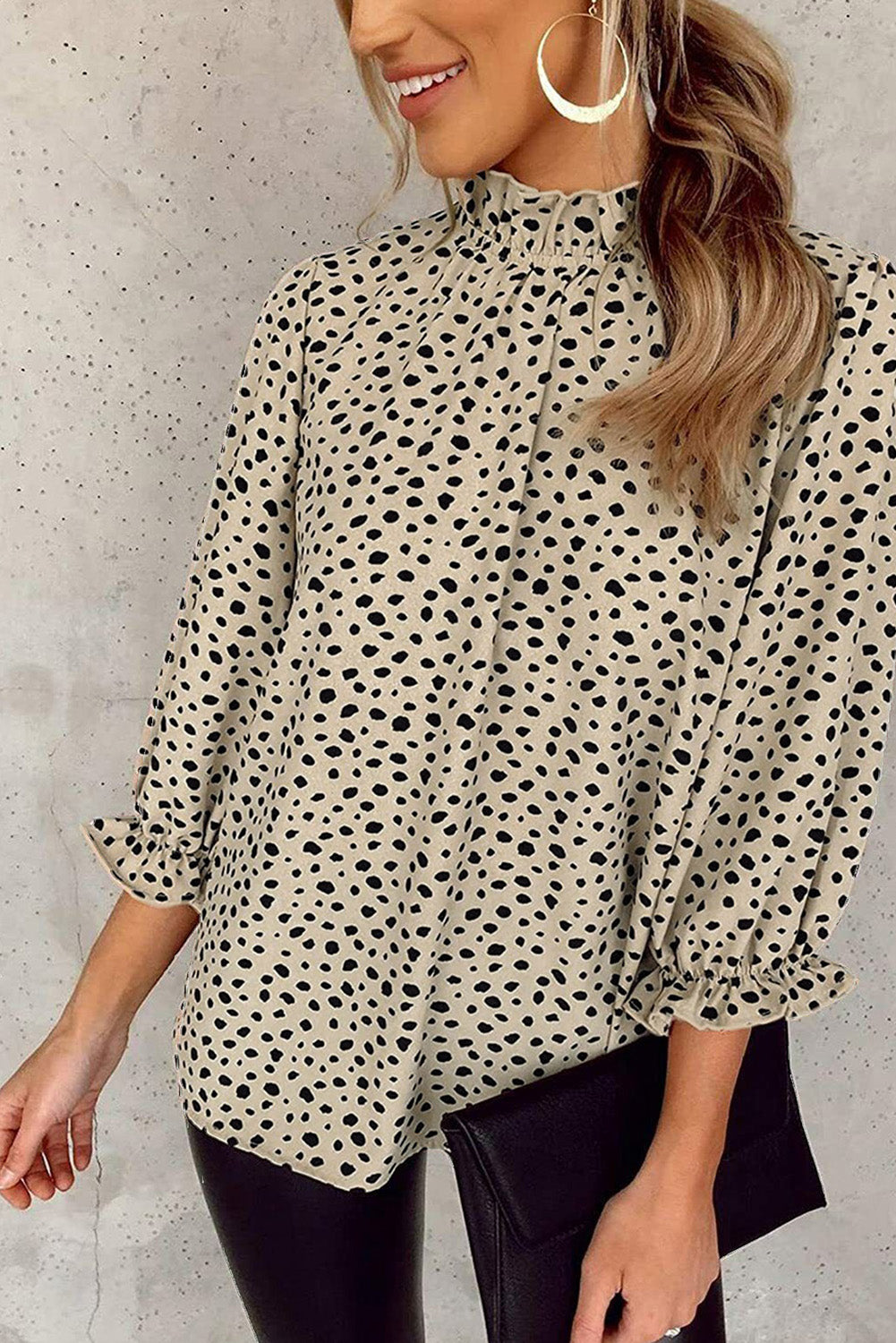 Khaki Frilled Neck 3/4 Sleeves Cheetah Blouse eAura