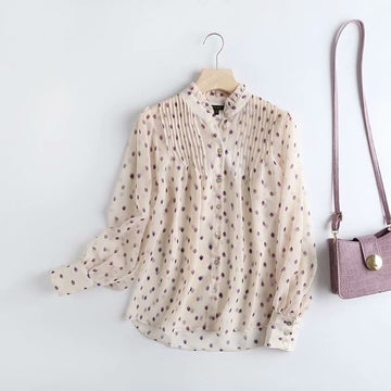 Chiffon Polka Dot Print Blouse Turn-Down Collar eprolo