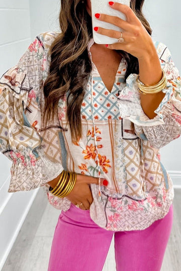 Multicolour Boho Floral Patched Ruffled Sleeve Tied Neck Blouse Beagle Boutique Fashion Outlet