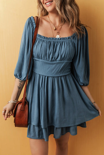 Real Teal Frilled Neckline 3/4 Sleeve Layered Ruched Mini Dress eAura