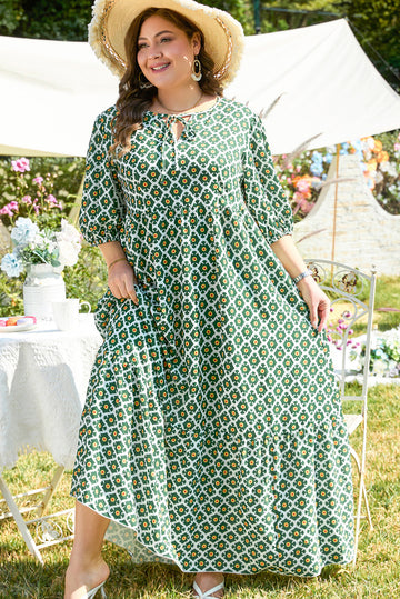 Green Geometric Floral Print Half Sleeve Plus Size Maxi Dress BB Fashion Outlet