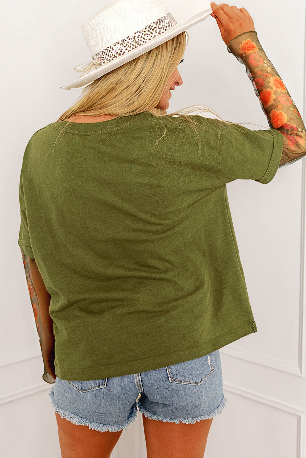 Fern Green Faux Two Piece Floral Long Sleeve Patchwork Tee eAura