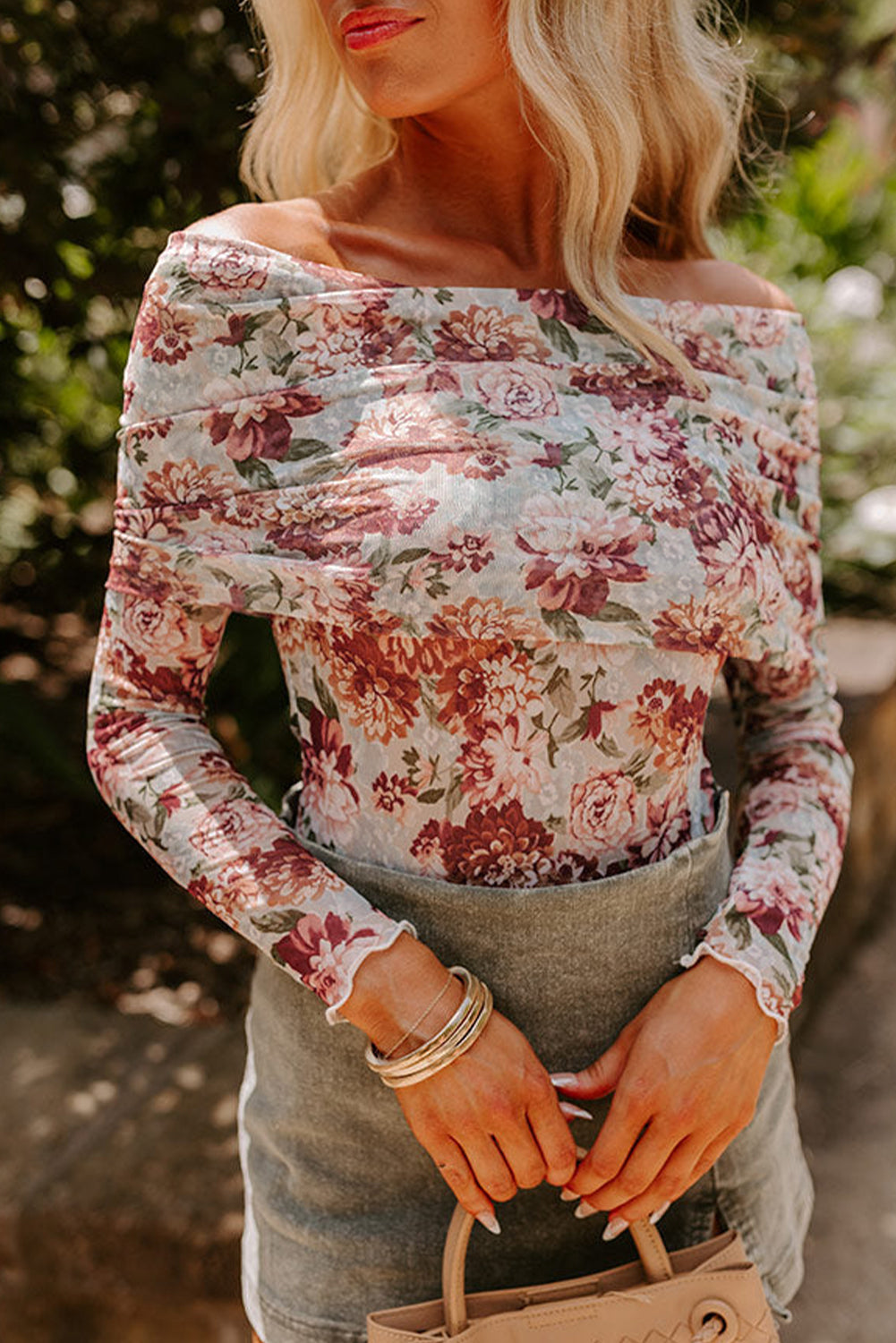 Pink Floral Printed Long Sleeve Sheath Bodysuit eAura