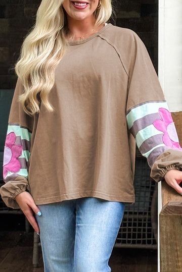 Light French Beige Flower Striped Patchwork Puff Sleeve Loose Sweatshirt BB Fashion Outlet