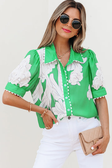 Green Floral Ric Rac Edge Puff Short Sleeve Shirt eAura