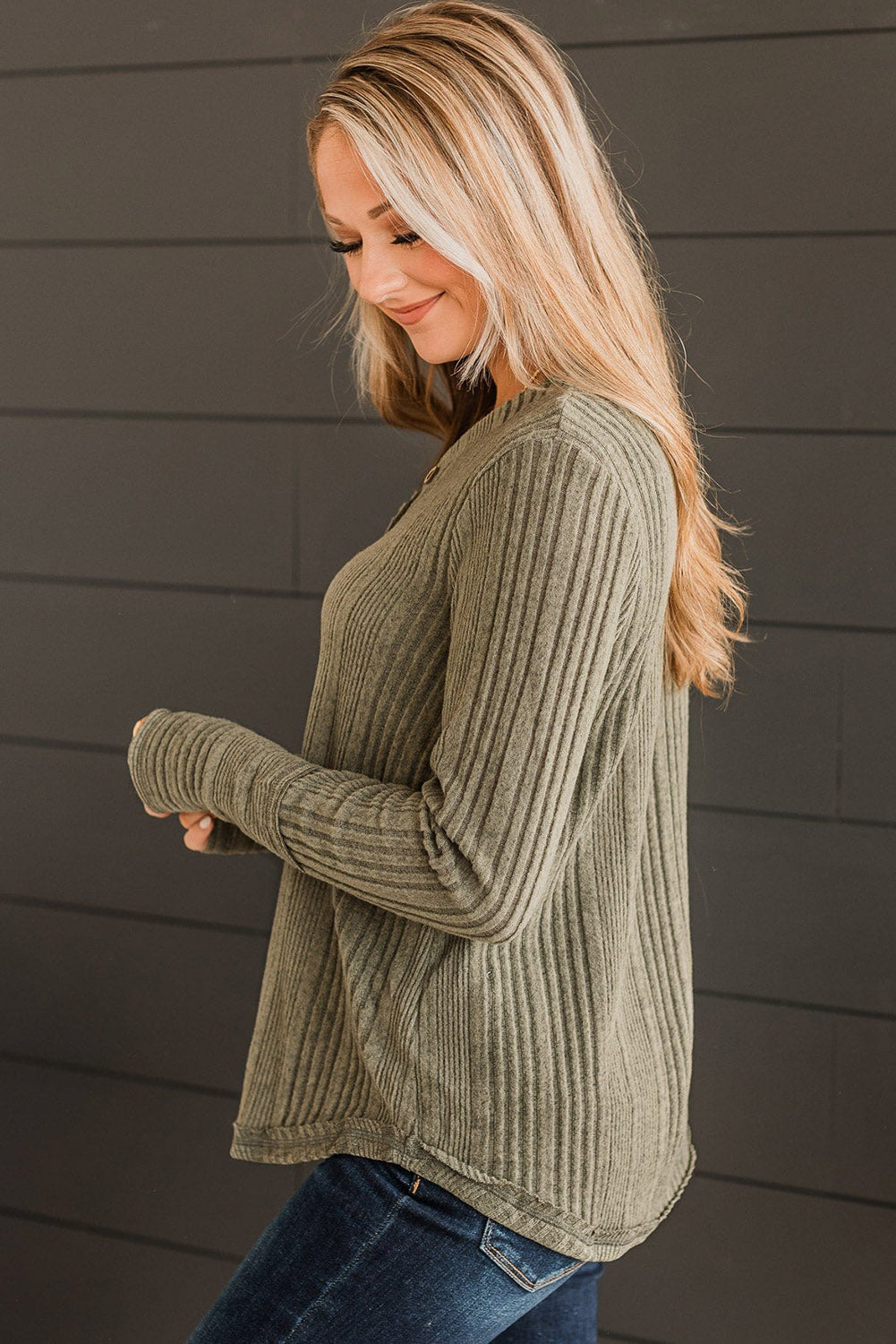 Black V Neck Buttoned Ribbed Knit Top eAura
