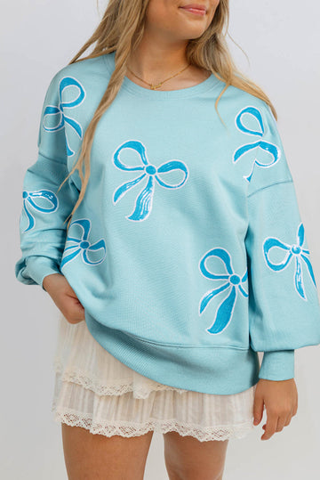 Beau Blue Sequined Bowknot Drop Shoulder Oversized Sweatshirt eAura
