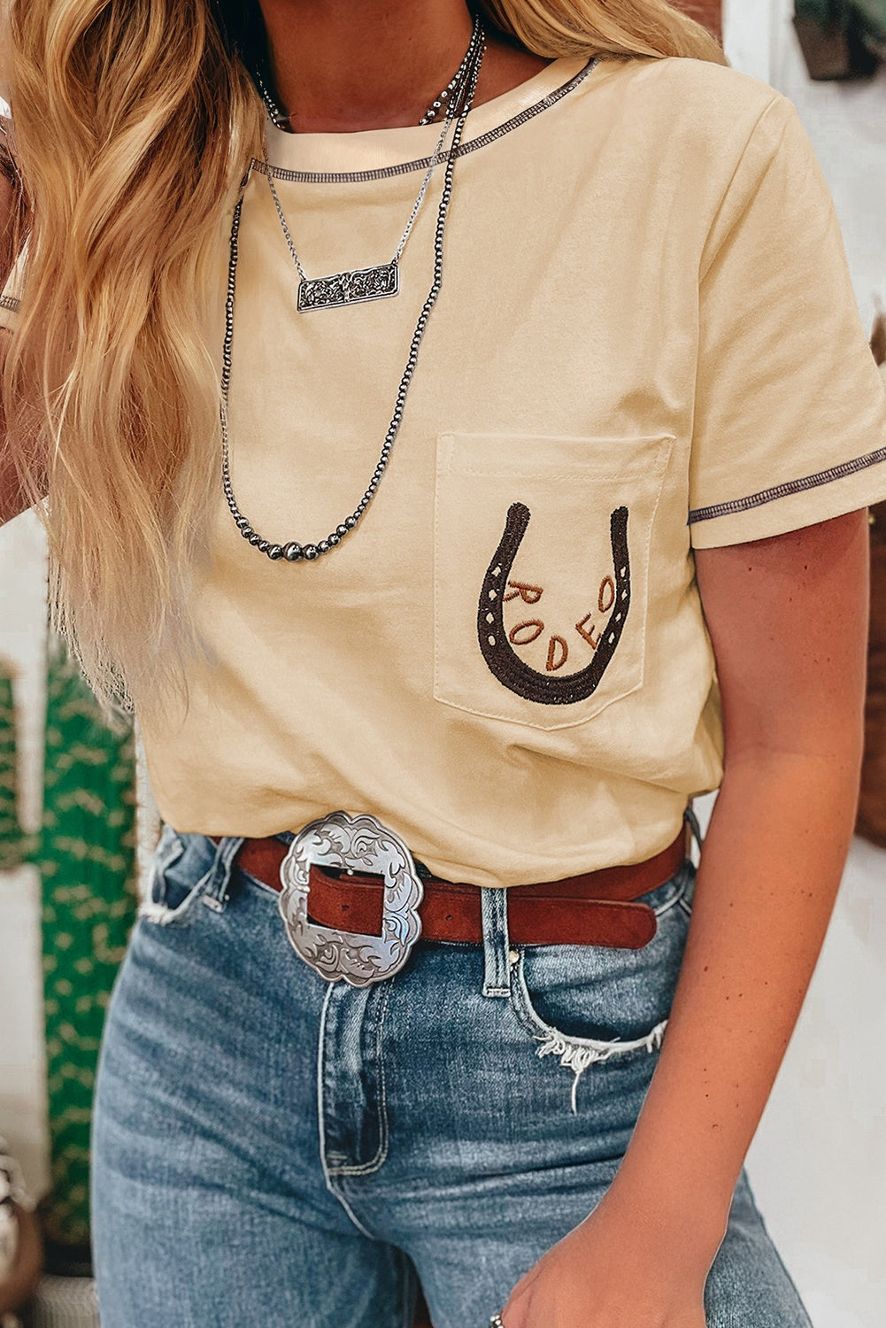 Apricot RODEO Horseshoe Embroidered Patch Pocket T Shirt eAura