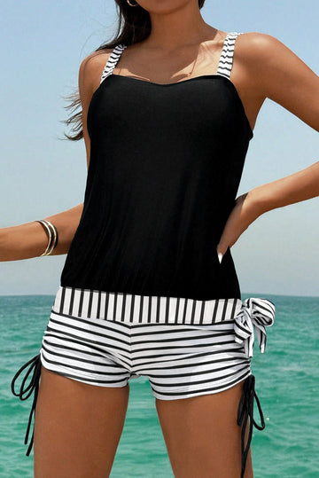 Black Striped Patchwork Side Drawstring Bottoms Tankini Set eAura