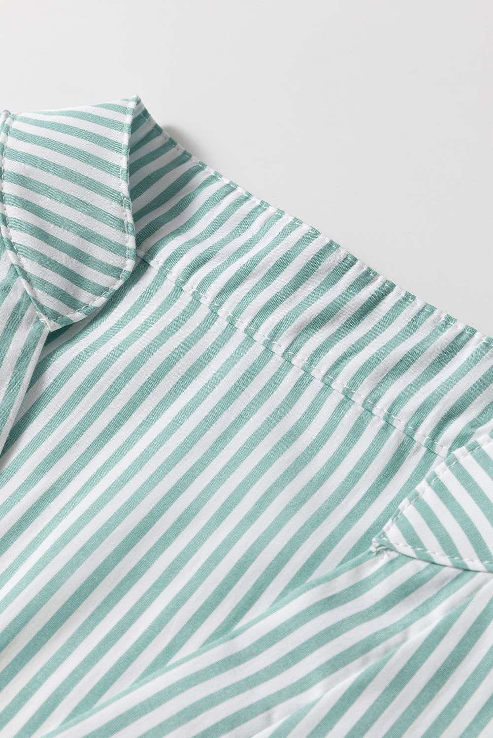 Green Stripe V Neck Roll Up Sleeve Pocket Patched Classic Shirt eAura