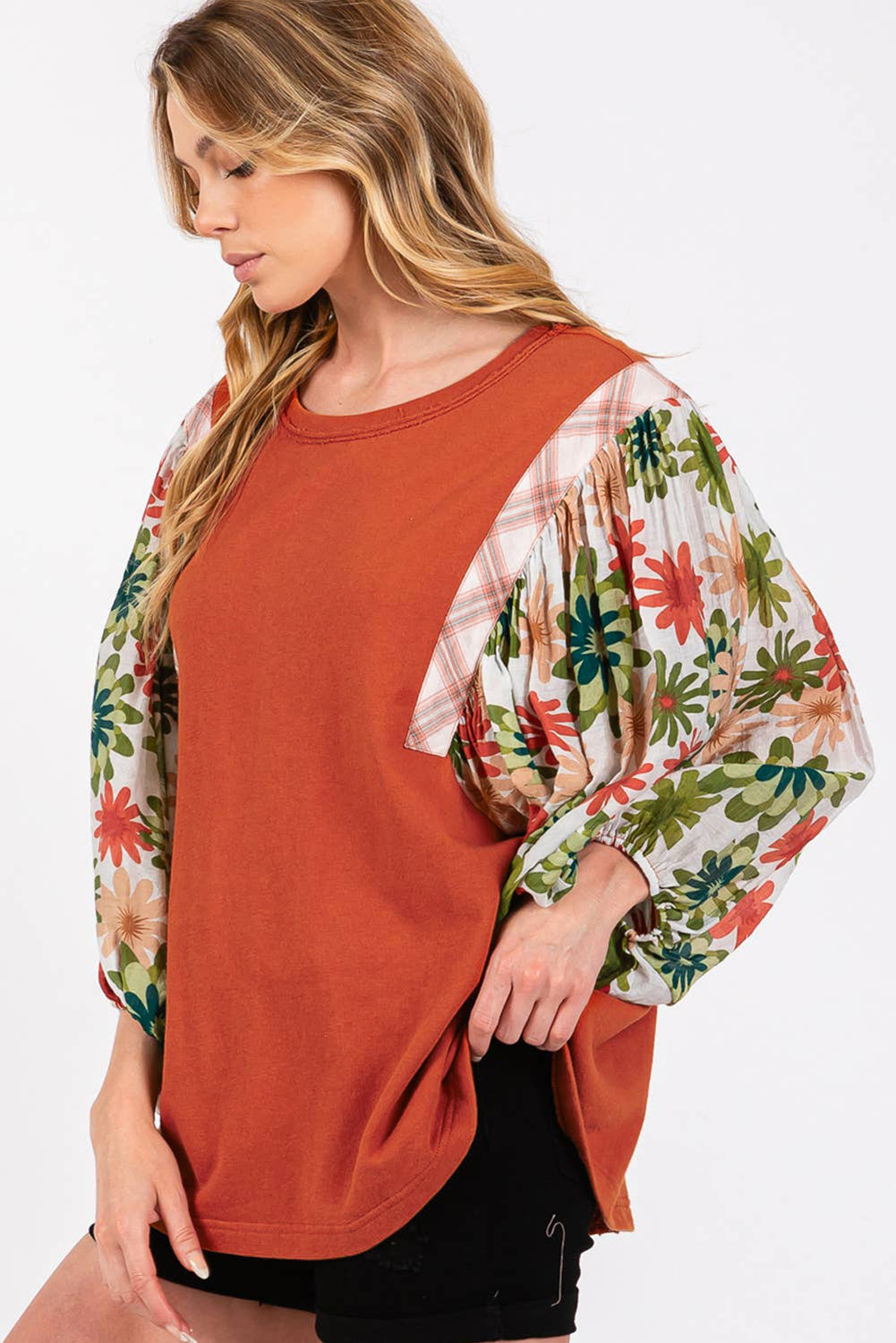 Desert Gold Floral Puff Sleeve Patchwork Round Neck Blouse eAura