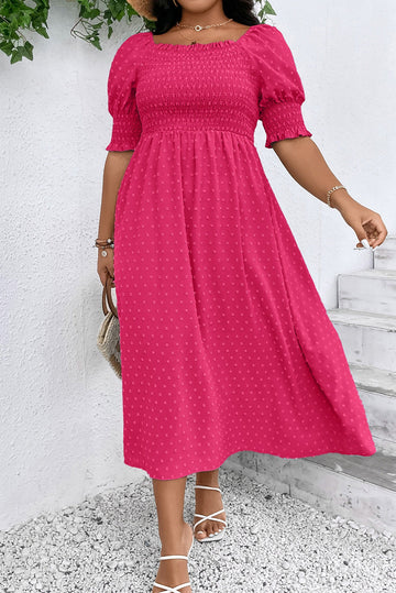 Pink Swiss Dot Smocked Ruflled Neckline Short Sleeve Plus Size Dress BB Fashion Outlet