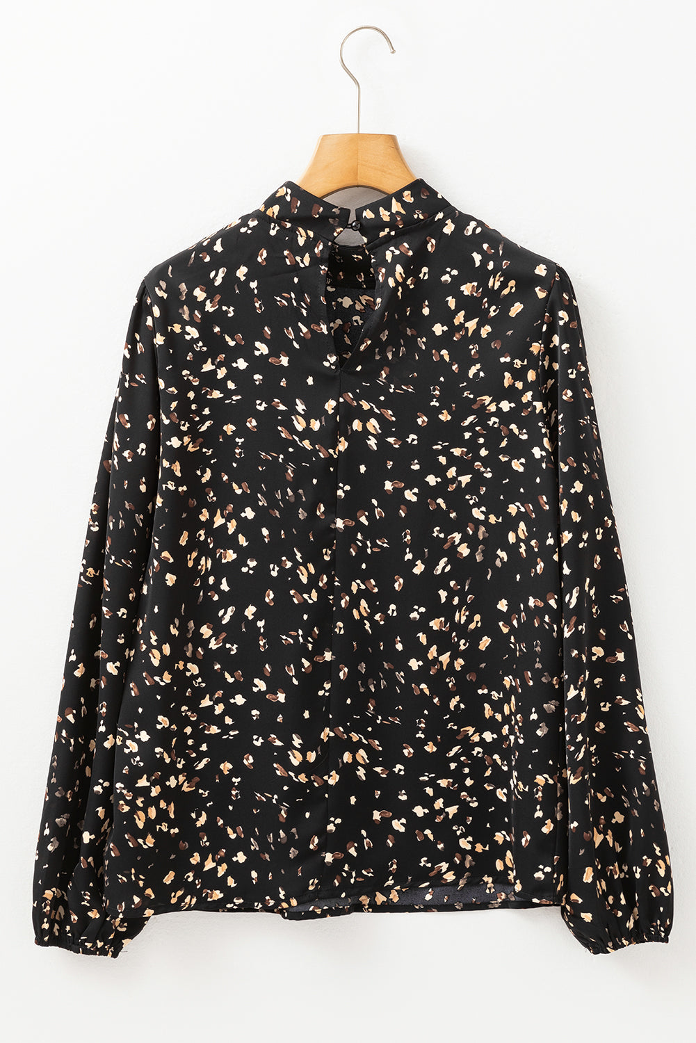 Black Leopard Print Lantern Sleeve Mock Neck Pleated Blouse eAura