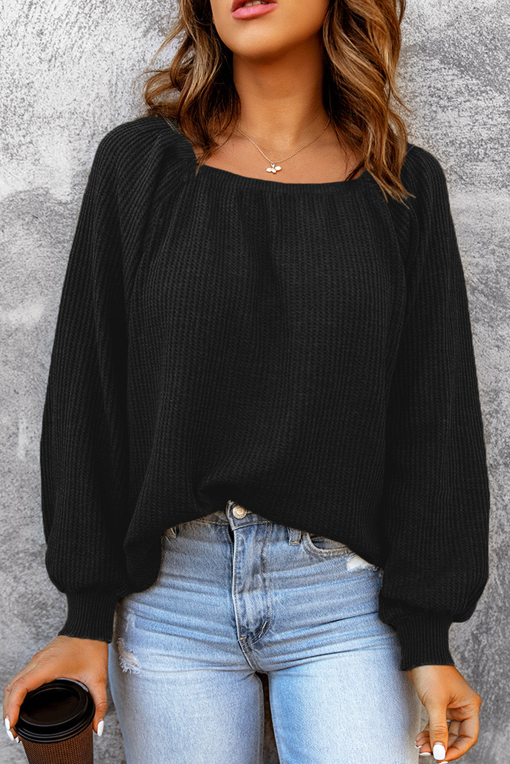Black Scoop Neck Puff Sleeve Waffle Knit Top eAura