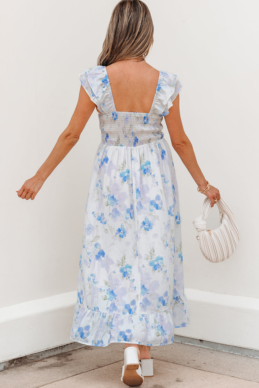 Sky Blue Floral Smocked Ruffle Sleeveless Maxi Dress eAura