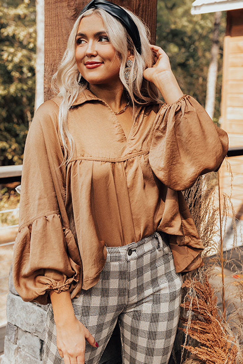 Brown Puff Sleeve Collared Pleated Babydoll Blouse eAura