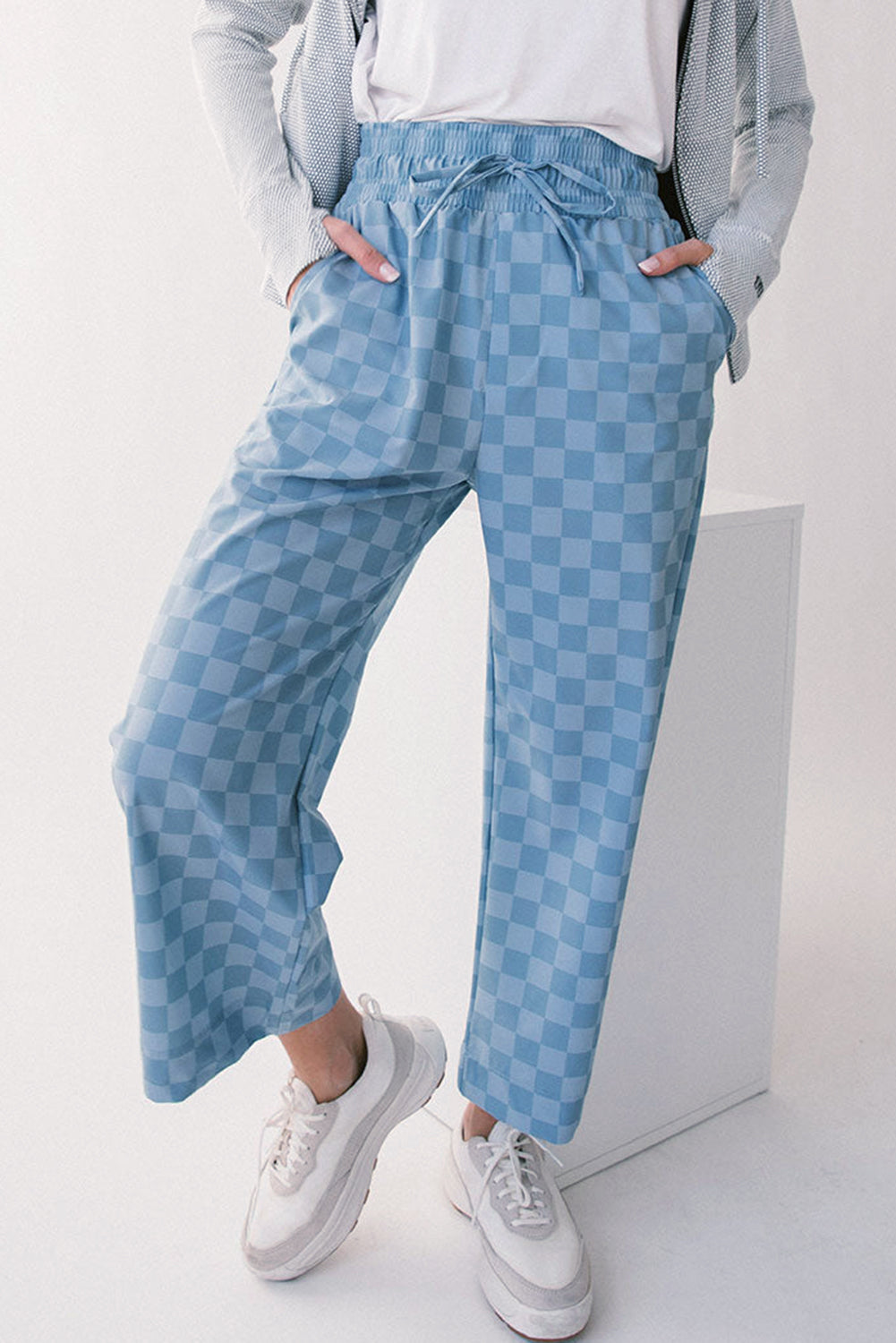 Checkered Elastic High Waist Loose Casual Trousers eAura