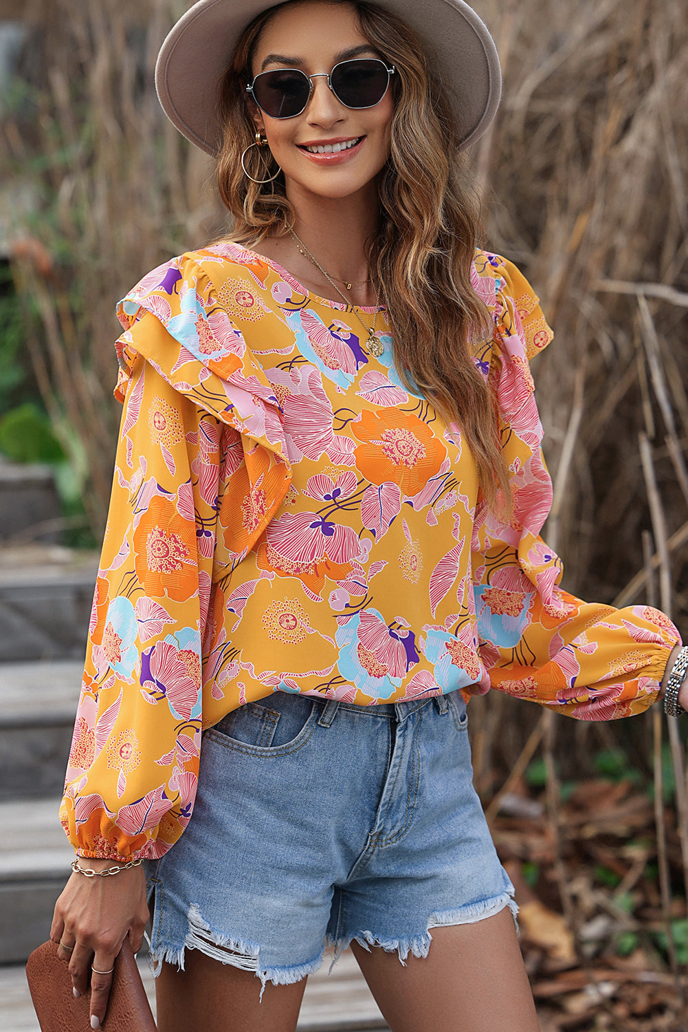 Ginger Floral Print Ruffle Puff Sleeve Blouse eAura
