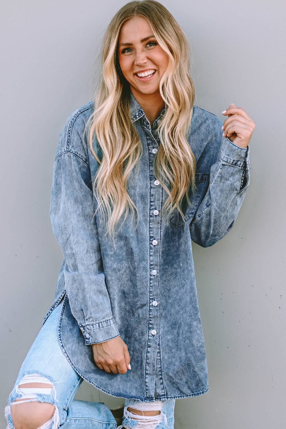 Sky Blue Vintage Washed Chest Pocket Denim Shirt eAura