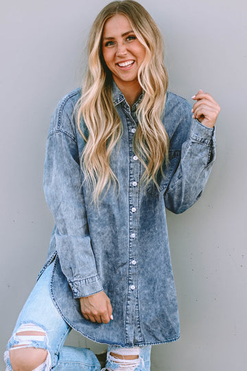 Sky Blue Vintage Washed Chest Pocket Denim Shirt eAura