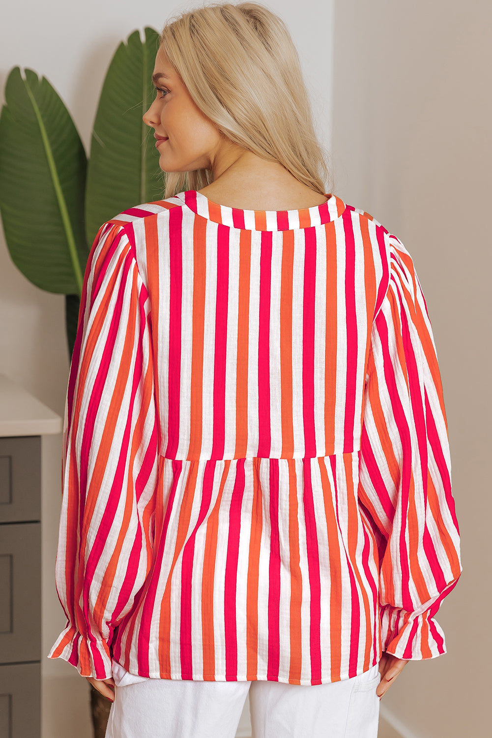 Orange Stripe Balloon Sleeve Notched V Neck Buttoned Front Blouse eAura