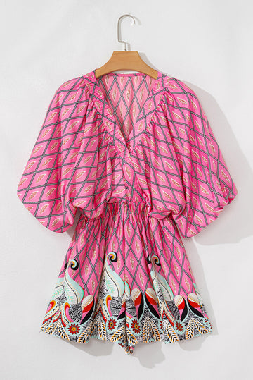Pink Paisley Geometric Print V Neck High Waist Romper eAura