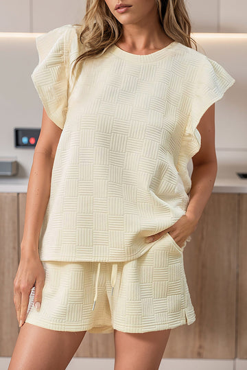 Apricot Textured Ruffled Sleeve Tee and Drawstring Shorts Set BB Fashion Outlet