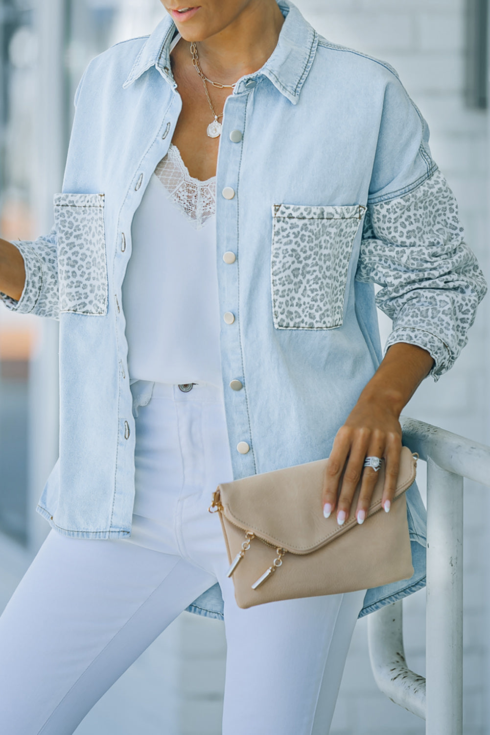 White Contrast Leopard Denim Jacket eAura