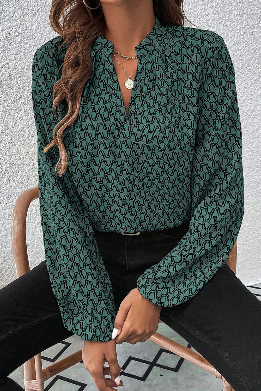 Green Geometric Print Notched Neck Puff Sleeve Blouse eAura