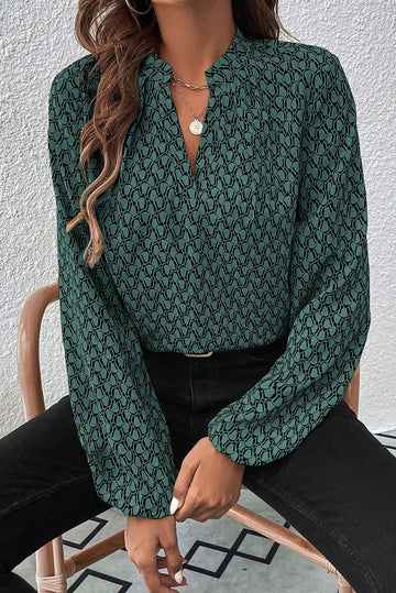 Green Geometric Print Notched Neck Puff Sleeve Blouse eAura