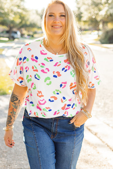 White Multicolour Leopard Print Textured Plus Size T Shirt BB Fashion Outlet