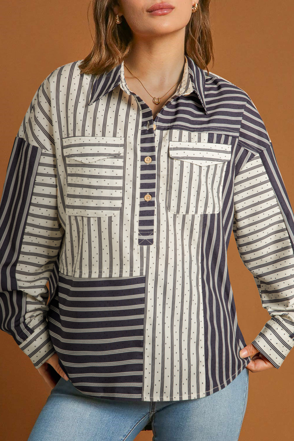Black Stripe 2-tone Patchwork Half Buttons Chest Pockets Casual Blouse eAura