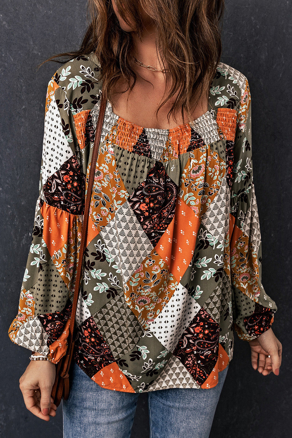 Green Square Neck Mixed Print Blouse eAura