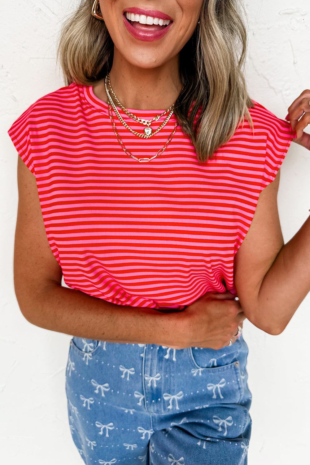 Red Stripe Ribbed Cap Sleeve Round Neck T Shirt eAura