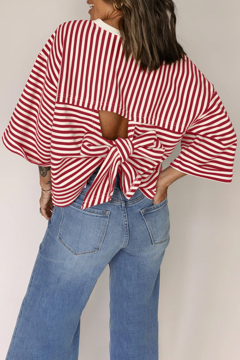 Black Stripe Bowknot Cutout Back Drop Shoulder Wide Bracelet Sleeve Loose Tee eAura