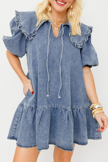 Dusk Blue Ruffled Collared Side Pockets Puff Sleeve Denim Mini Dress eAura