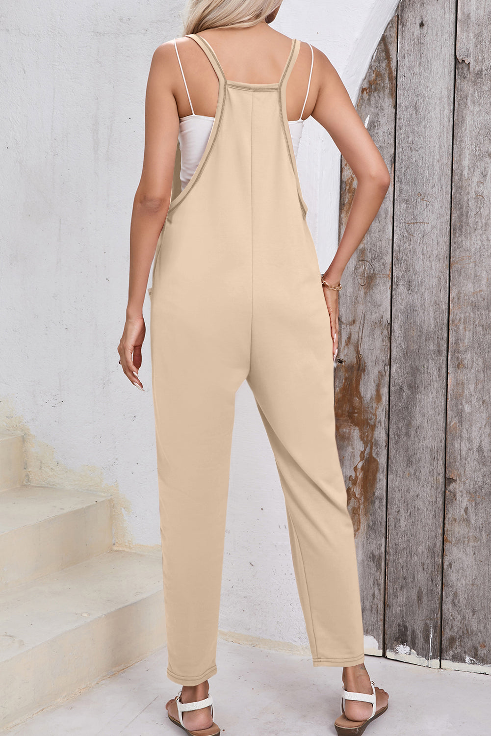 Apricot Side Pockets Harem Trousers Sleeveless V Neck Jumpsuit eAura
