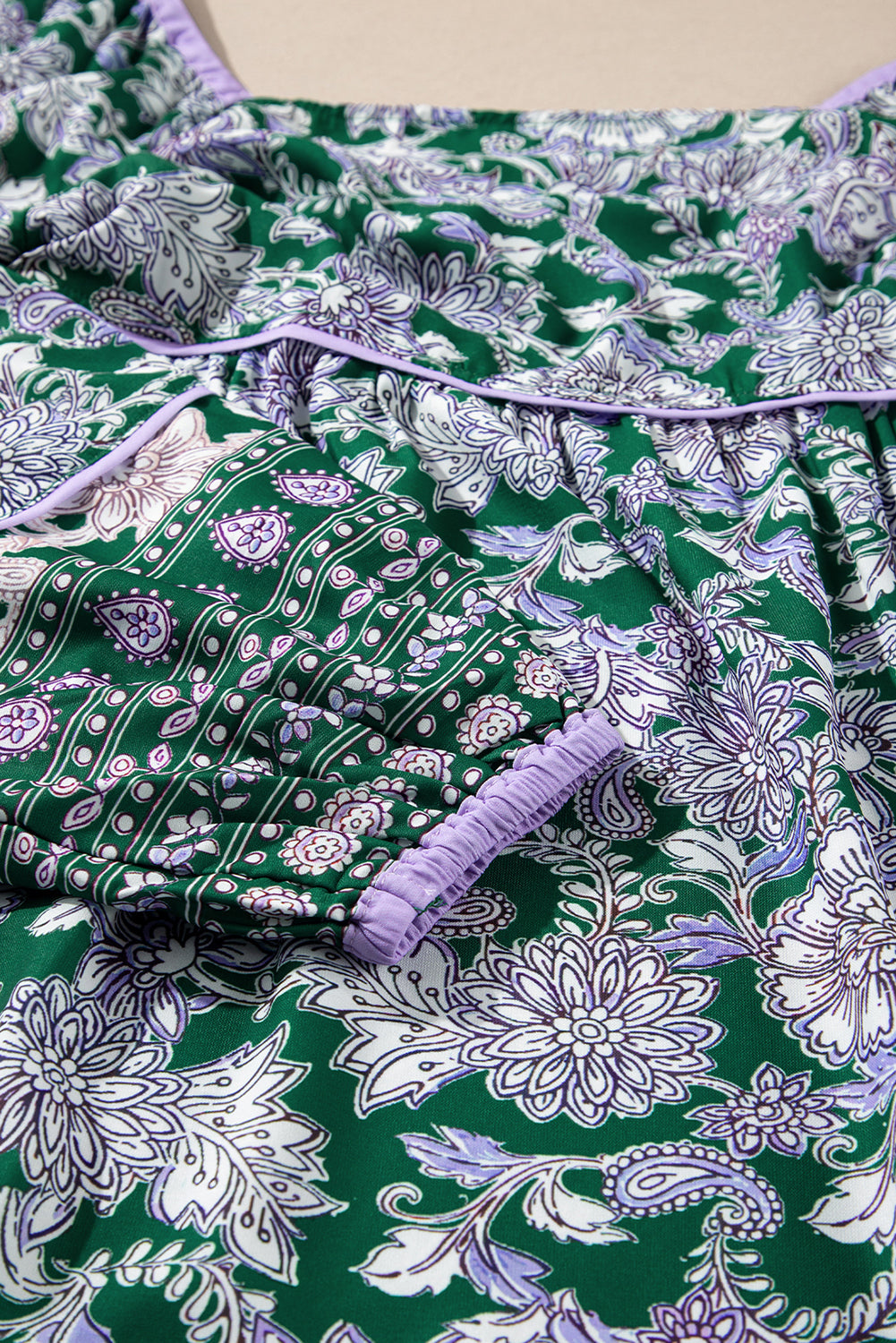 Green Floral Print Piping Trim Bubble Sleeve Square Neck Dress eAura