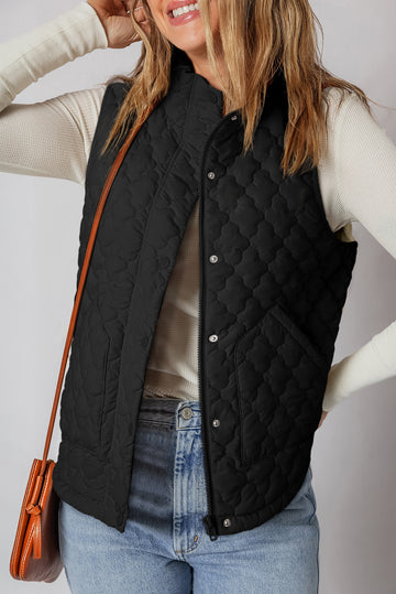 Black Flower Shape Quilted Snap Button Zip Up Winter Vest - eAura