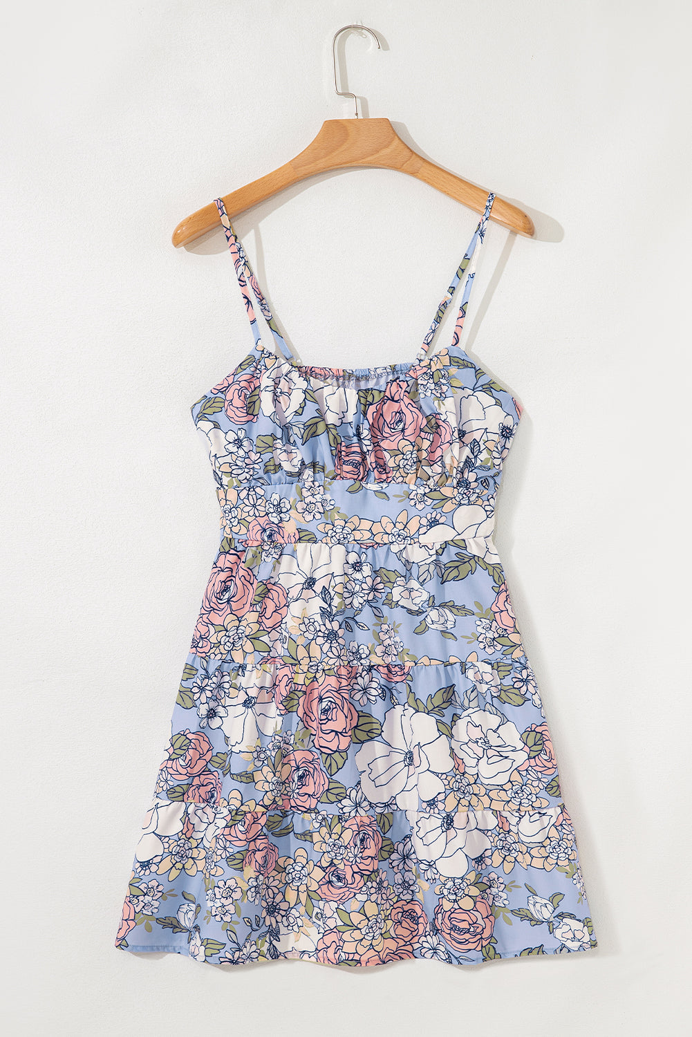 Sky Blue Floral Tiered Patchwork Spaghetti Strap Dress eAura