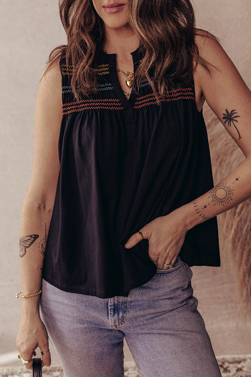 Black Shirred Yoke Notched V-Neck Tank Top eAura