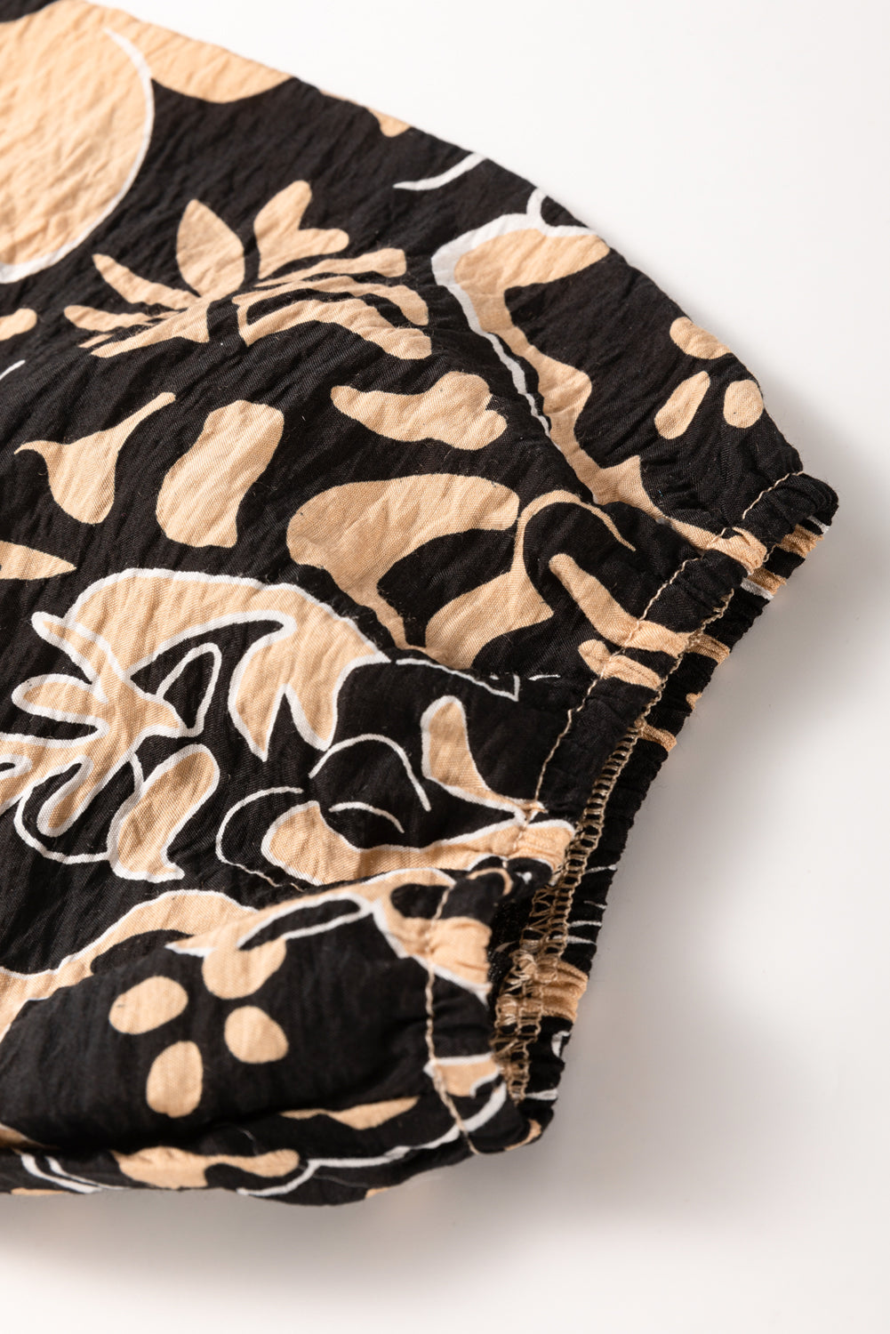 Black Floral Shirred Yoke Bracelet Sleeve Split Neck Boho Blouse eAura