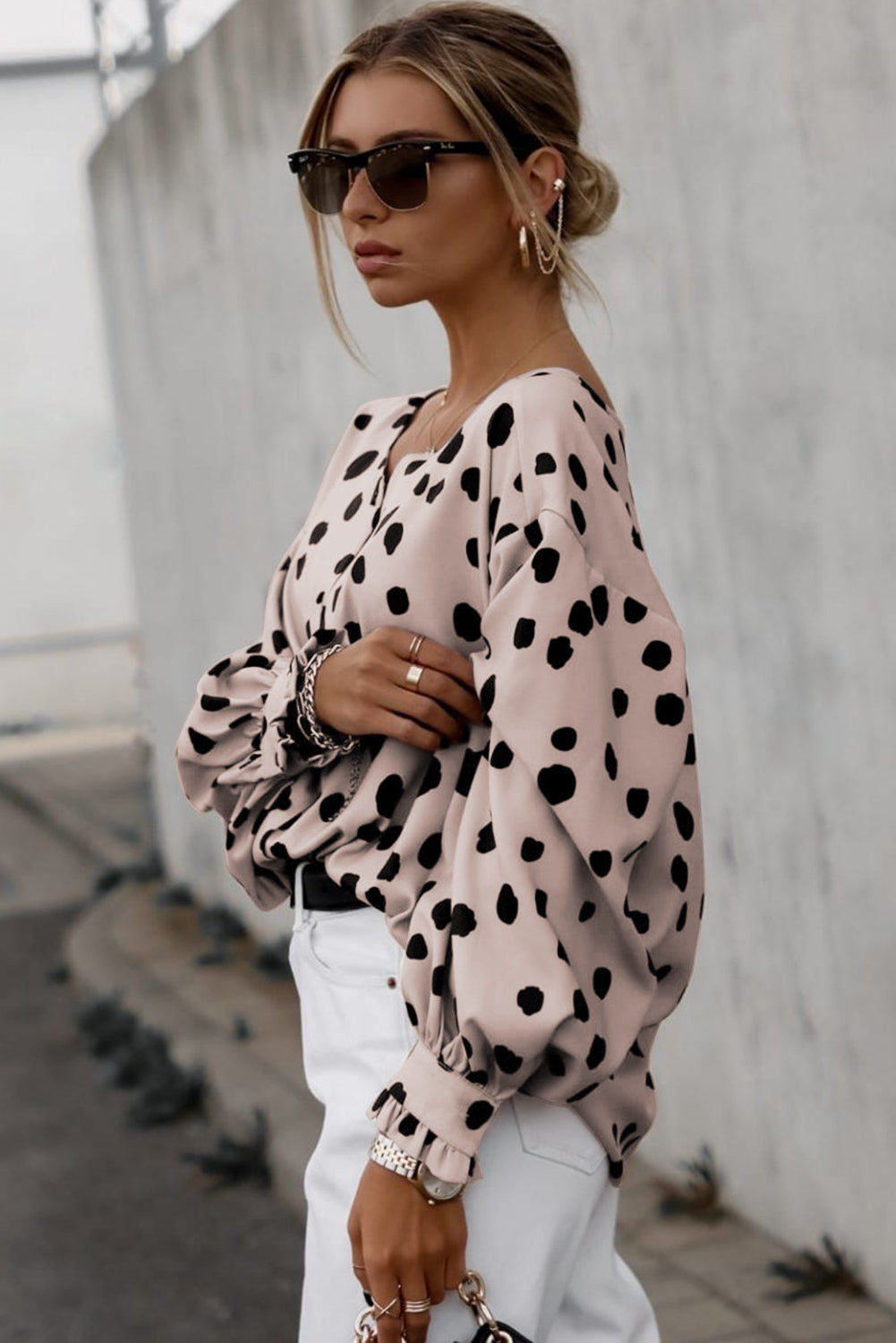 Pink Button Frill Cuffs Oversize Puff Sleeve Blouse eAura